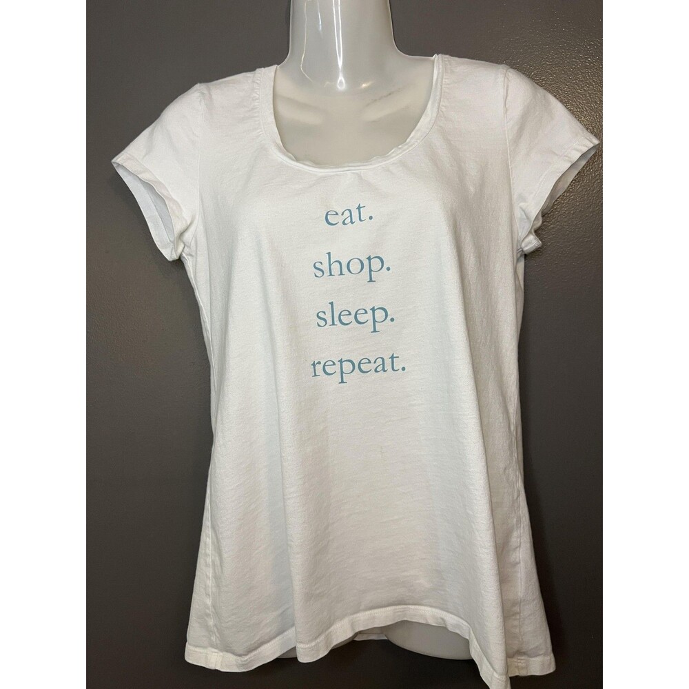 Tyler Boe Shirt Womens Small White Eat Shop Sleep Repeat Graphic Tee Scoop Neck